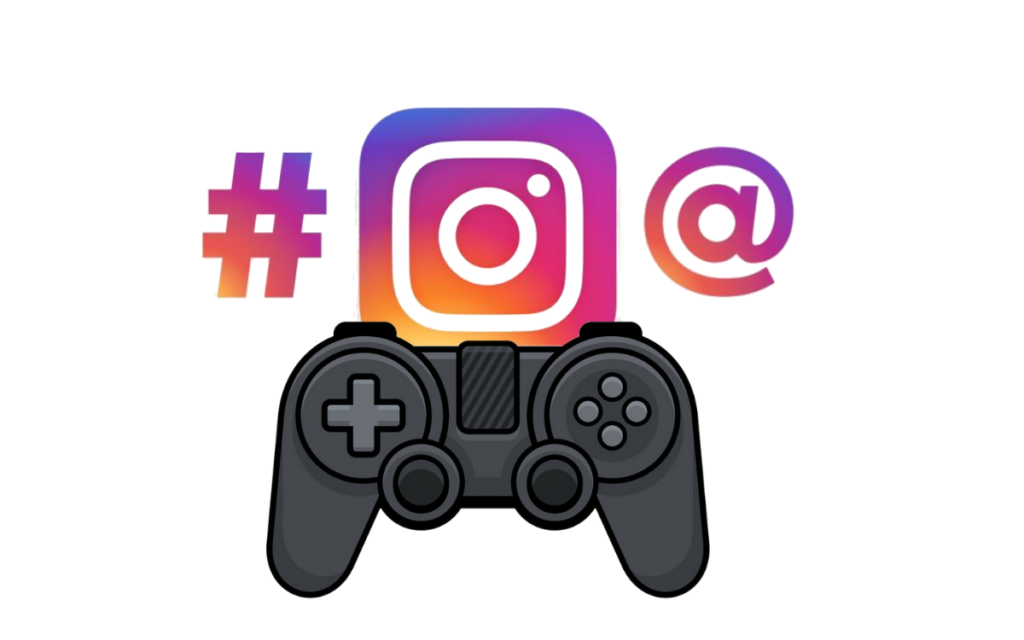 Instagram logó hashtag és kukac jel között egy gamepad controller mögött.